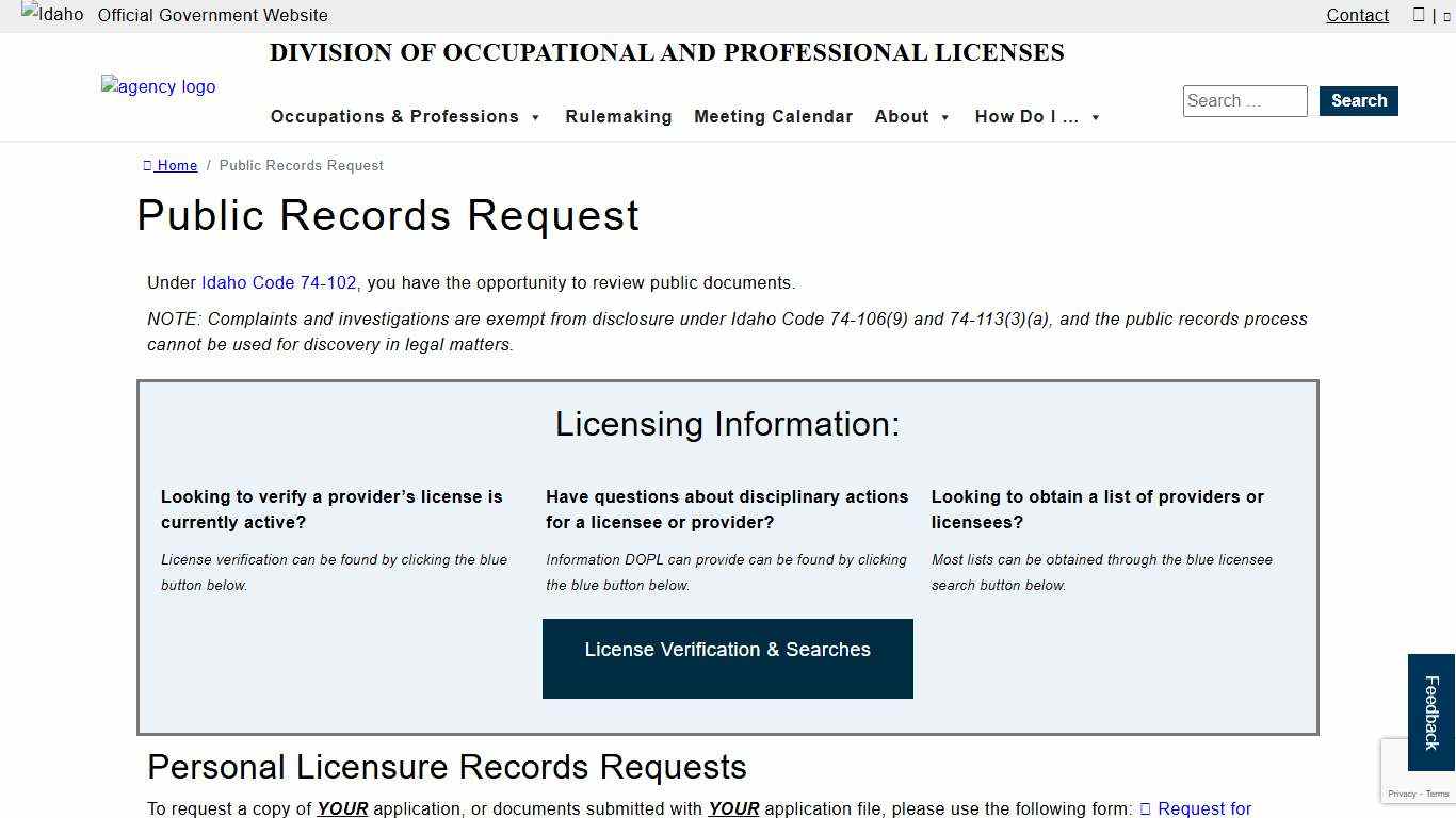 Public Records Request Division of Occupational and Professional Licenses